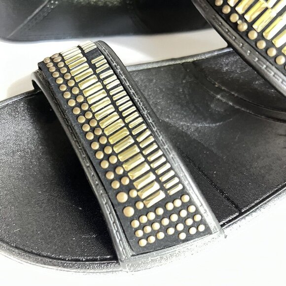 Slip on sandals, black w gold beads on straps, size 8 US - Picture 3 of 16